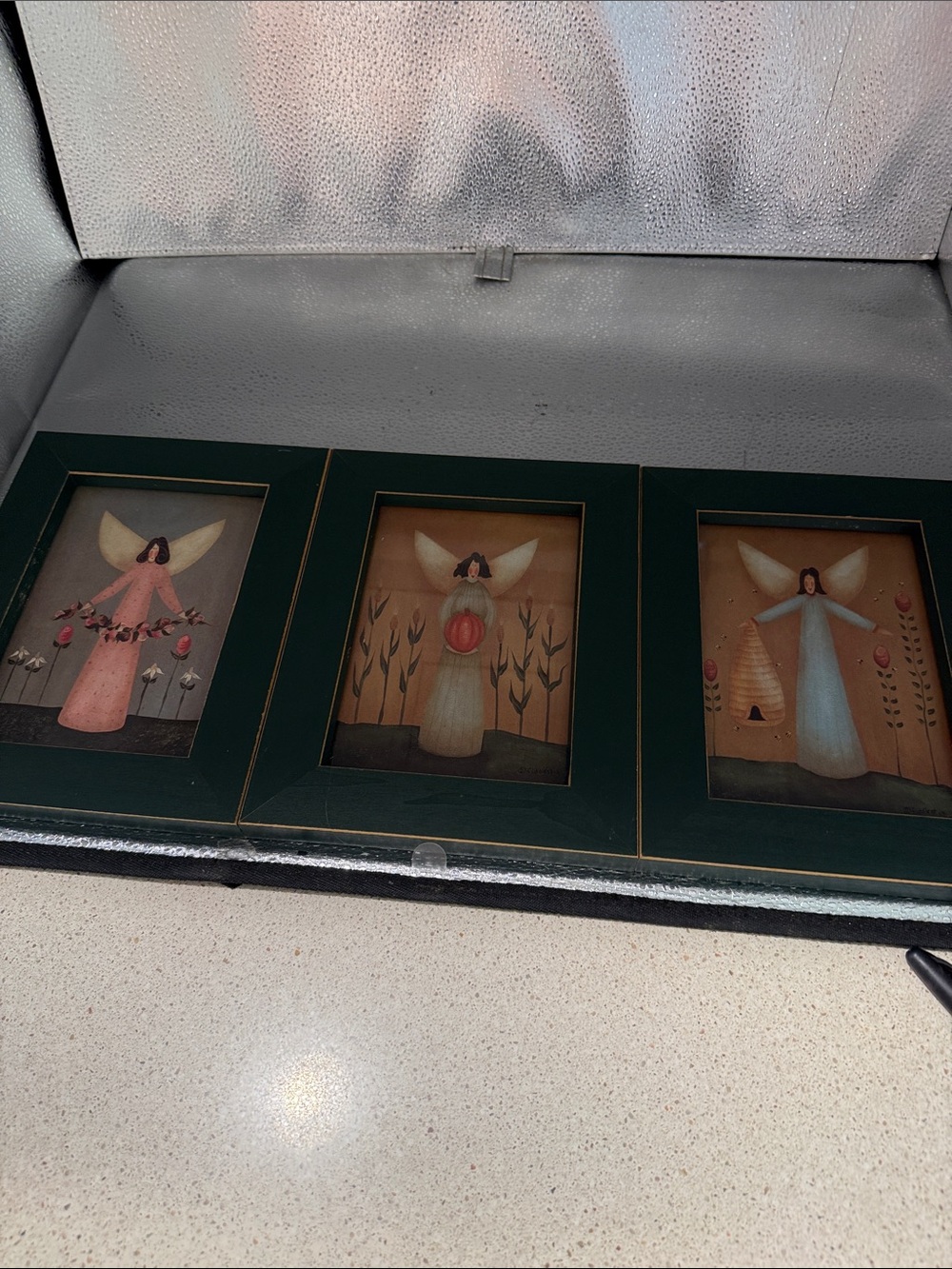 Vintage Set of 3 Angel Wall Art Prints in Green Frames